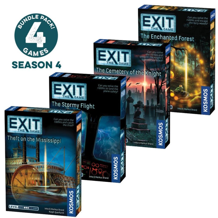 Board Games Thames & Kosmos | Exit: The Game, Season 4. Four-Pack: Theft On The Mississippi, The Stormy Flight, The Cemetery Of The Knight, And The Enchanted Forest