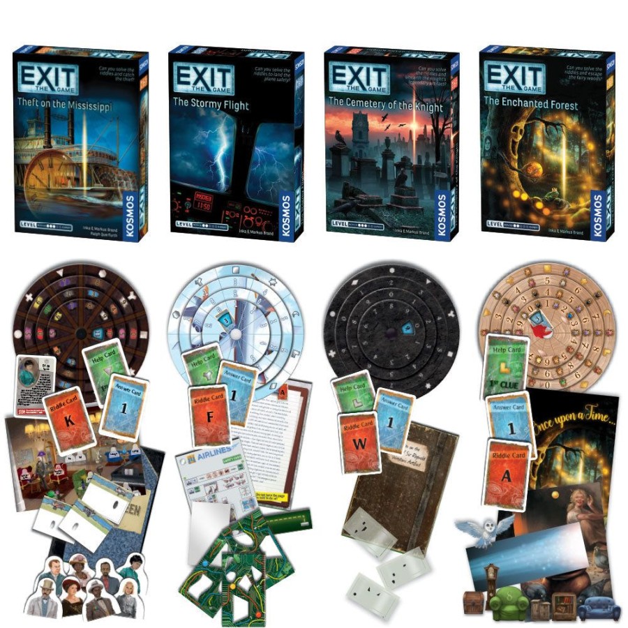 Board Games Thames & Kosmos | Exit: The Game, Season 4. Four-Pack: Theft On The Mississippi, The Stormy Flight, The Cemetery Of The Knight, And The Enchanted Forest