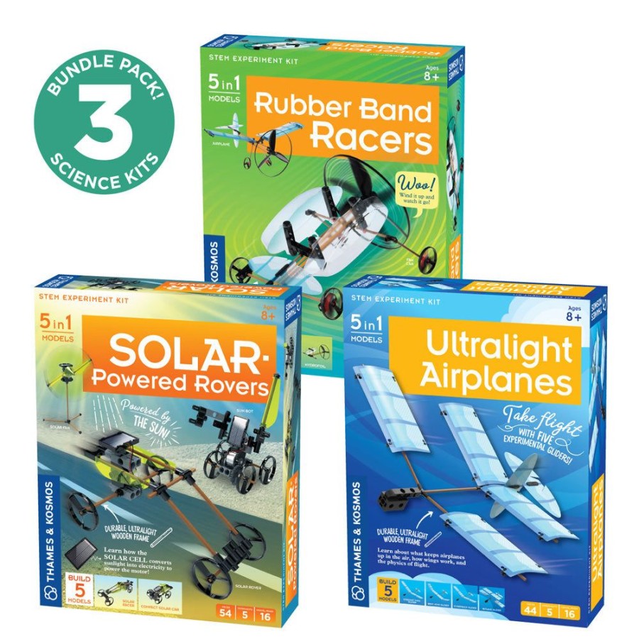 Gift Sets & Bundles Thames & Kosmos | Fun & Educational Engineering 3-Pack. Ultralight Airplanes, Rubber Band Racers, And Solar-Powered Rovers