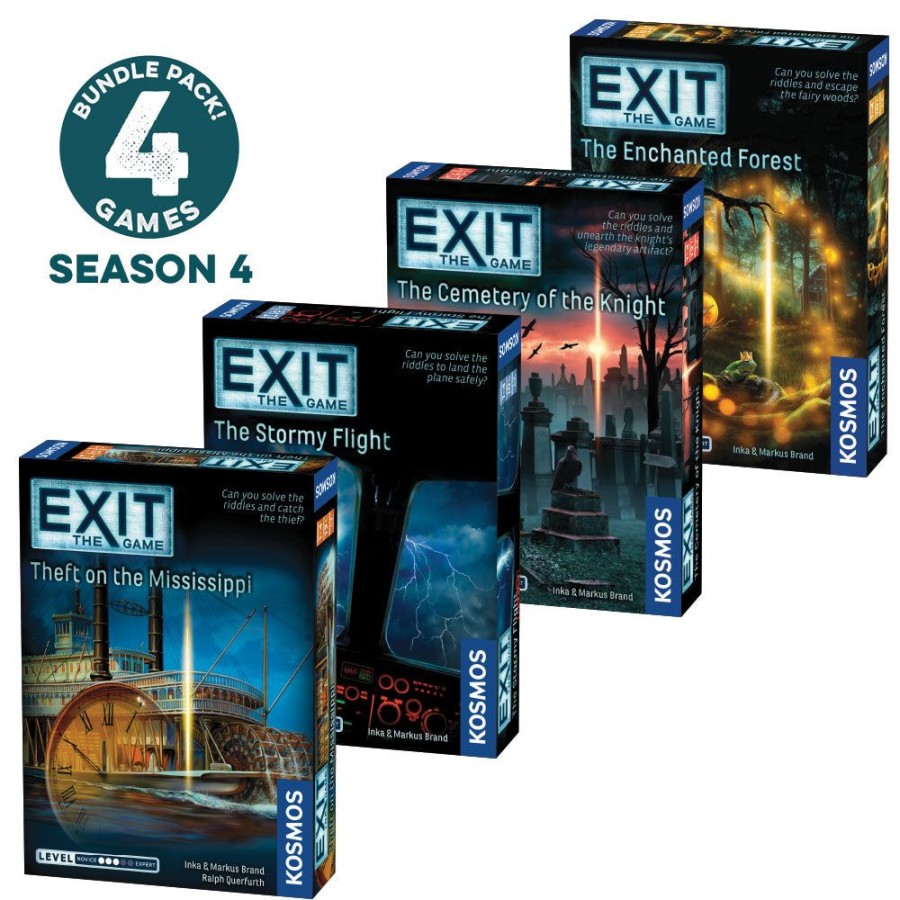 Board Games Thames & Kosmos | Exit: The Game, Season 4. Four-Pack: Theft On The Mississippi, The Stormy Flight, The Cemetery Of The Knight, And The Enchanted Forest